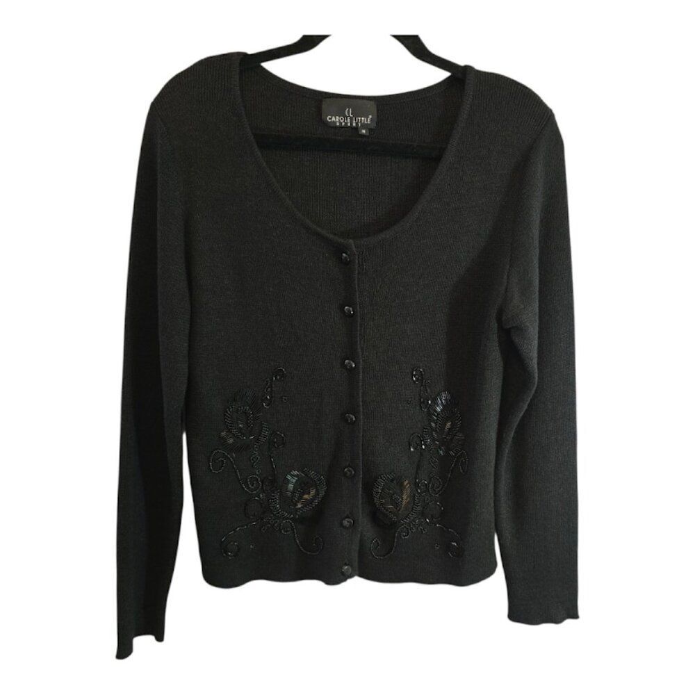 CAROLE LITTLE SPORT CARDIGAN BLACK FLORAL BEADED EMBELLISHMENTS SIZE MEDIUM
